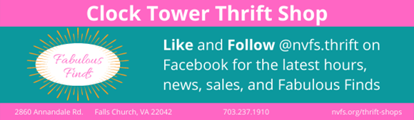 Pink and teal banner. Like and Follow @nvfs.thrift on Facebook for the latest hours, news, sales, and Fabulous Finds.